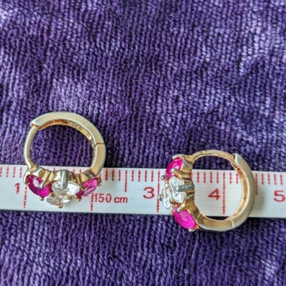 Vintage 9K Gold Plated Huggies Earrings With Deep Pink Ruby Stones - Picture 6 of 10